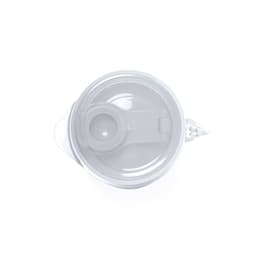 A clear drink bottle with a grey lid and a built-in straw. Features a handle and branding on the side.