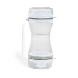 A clear, multi-compartment drink bottle with a white lid and a strap for easy carrying. It features a branding logo.