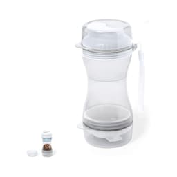 A clear, grey drink bottle with a detachable compartment for holding pet food or treats, featuring a logo.