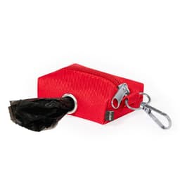 A red waste bag dispenser with a clip and a black waste bag partially pulled out. It features a zipper and a logo.
