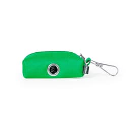 A green waste bag dispenser with a clip, featuring a circular opening and a branding label.