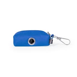 A blue waste bag dispenser with a clip attachment, featuring a circular opening and textured surface.