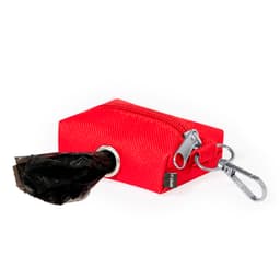 A red pet waste bag dispenser with a black bag protruding, featuring a silver zipper and a carabiner clip.