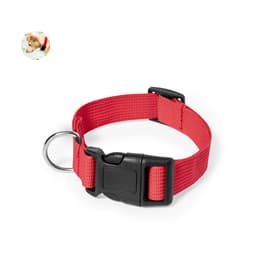 A red pet collar made of durable fabric, featuring a black buckle and a metal D-ring for leash attachment.