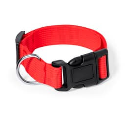 A red pet collar featuring a durable nylon strap and a black buckle with a D-ring for attaching a leash.