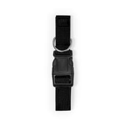 A black pet collar featuring a sturdy buckle and a metal D-ring for attachment. It has a simple design.