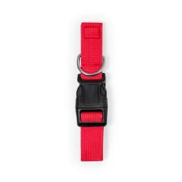 A red pet collar made of sturdy material featuring a black buckle and metal D-ring for leash attachment.