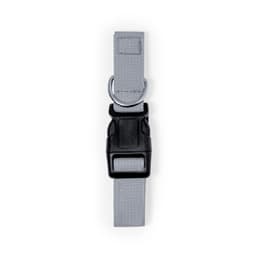 A grey pet collar featuring a sturdy plastic buckle and a metal D-ring for leash attachment. It has a simple design.