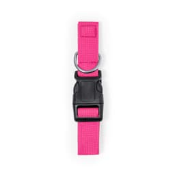 A pink pet collar made of durable fabric featuring a black buckle and metal D-ring.