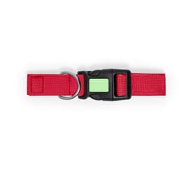 A red pet collar featuring a black buckle and silver D-ring, with a rectangular green tag included.