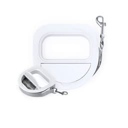 A drink bottle in white with a sleek design, featuring a detachable clip and a logo.