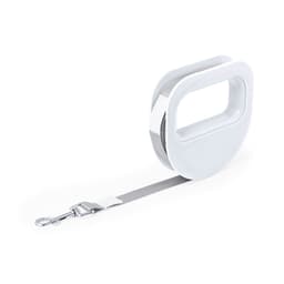 A white retractable pet lead with a grey strap and a metal clasp. Features a sleek, modern design with a handle.