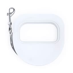 A white pet lead with a silver clip, designed for walking pets, featuring a simplified circular shape.