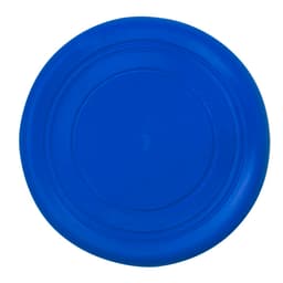 A blue frisbee with a smooth surface and a circular shape, featuring a logo in the centre.