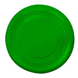 A green frisbee featuring a smooth surface and a round shape, with a central logo.