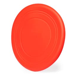 A bright red frisbee with a smooth surface and circular shape. It features a simple design and has a logo.