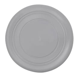 A grey Frisbee with a smooth surface and a slightly raised rim, featuring a central logo.