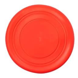 A red frisbee with a smooth surface and a circular shape, featuring a central indentation.
