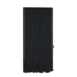 A black scarf with fringed edges and a logo tag at one end.
