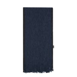 A navy blue scarf with fringed edges and a logo tag.