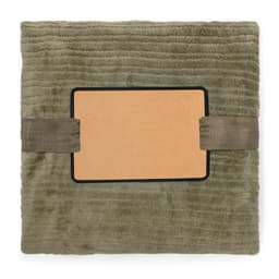 A plush olive green Cindra Blanket secured with a band, featuring a blank tag. The blanket has a soft texture.