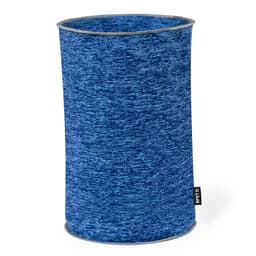 A cylindrical blue scarf with a textured pattern and a small logo on the side.