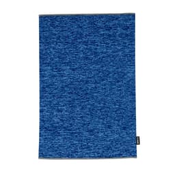 A blue scarf made from textured fabric, featuring a small logo tag on the side.