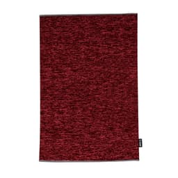 A textured scarf in shades of red with a small logo on the side.