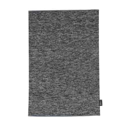 A grey scarf with a textured pattern and a small logo tag on the side.