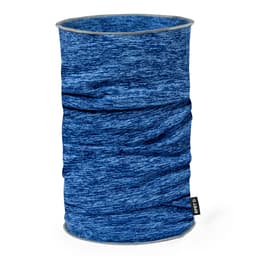 A blue, textured scarf with a circular design and a small logo tag at the bottom.