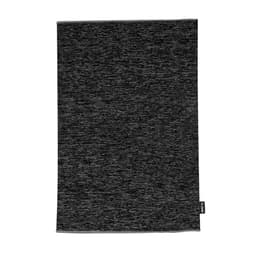 A black textured scarf with a subtle pattern and a small logo tag at the edge.
