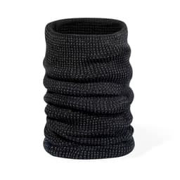 A black knitted scarf with a textured design, featuring a snug, tubular shape and a logo.