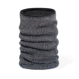 A dark grey knitted scarf with a textured pattern, featuring a subtle branding logo.