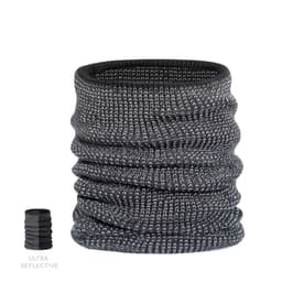 A reflective black scarf with a textured knit, showcased in a cylindrical shape. Features a logo.
