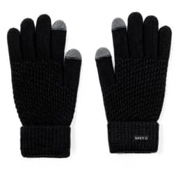 Black gloves with textured knit and touchscreen-compatible fingertips. Features a logo on the cuff.