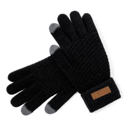 Black gloves with a textured design and grey fingertips for touchscreen use, featuring a brown logo patch.