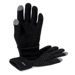 A pair of black gloves with textured fabric and touchscreen-compatible fingertips. Features a branding logo.