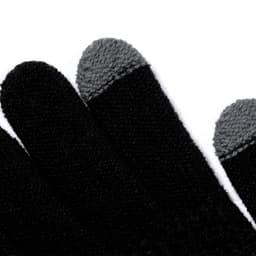 Black gloves with grey tips, featuring a textured finish. The image includes branding.