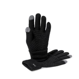 Black gloves with textured fabric and grey touchscreen tips, featuring a logo on the wrist.