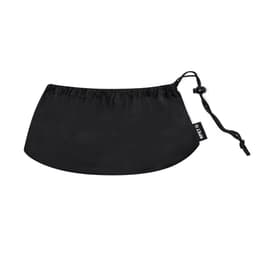 A black drawstring bag with a toggle closure and a branded label.