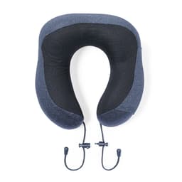 A navy travel neck pillow featuring a mesh design and adjustable cords for support.