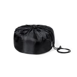 A black drawstring bag made of shiny material, featuring a logo and a gathered top for closure.