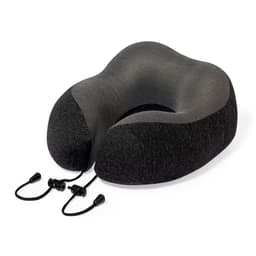 A black and grey travel neck pillow with a contoured shape and drawstring adjustments.