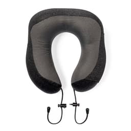 A grey travel neck pillow with a soft exterior and adjustable drawstrings for comfort. It features a logo.