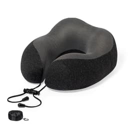 A black and grey travel neck pillow with a drawstring pouch for storage. It features a contoured design for comfort.
