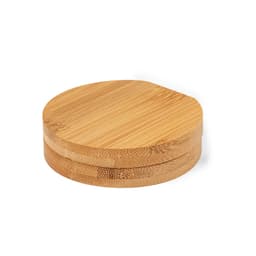 A set of round bamboo coasters stacked together, showcasing a natural wood finish. Features a smooth texture.