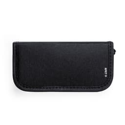 A black accessory pouch with a zip closure, featuring a textured exterior and a small logo.