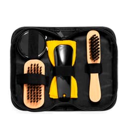 A grooming kit featuring two wooden brushes, a comb, a mirror, and a yellow cloth, all in a black zippered case.