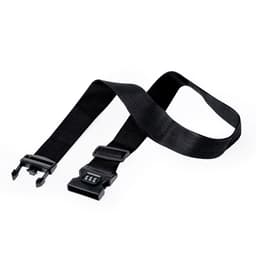 A black adjustable strap with a buckle and a combination lock feature. It has a sturdy, woven design.