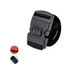 A black securing strap with a combination lock and adjustable length, featuring various attachments in the background.